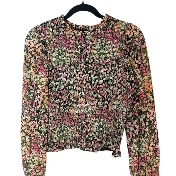 DEX Women's Floral Chiffon Smocked Long Sleeve Blouse-Size Medium - Picture 3 of 10
